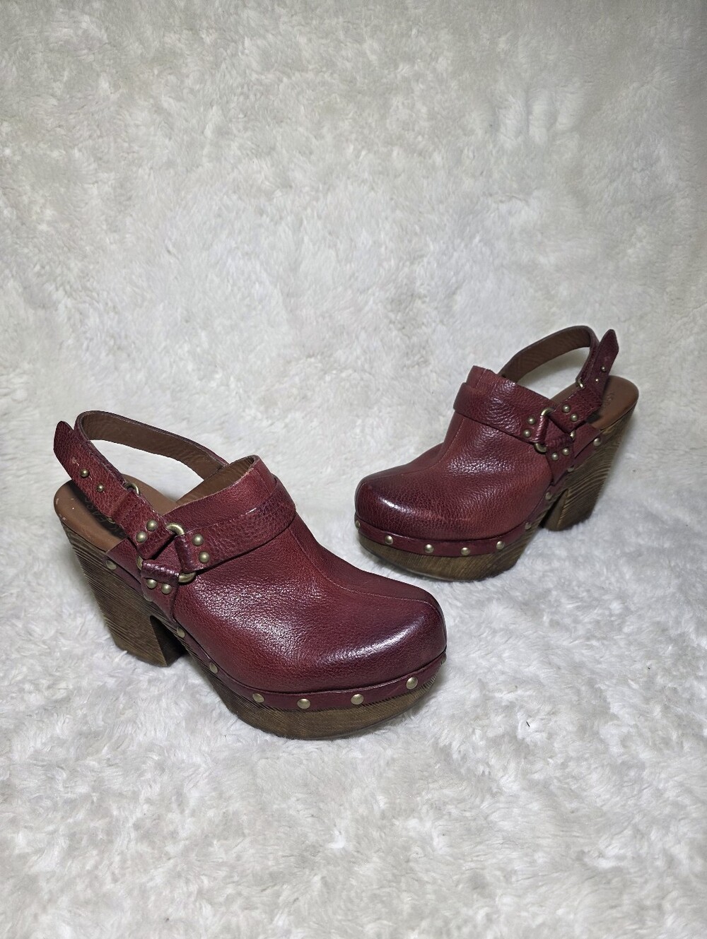 Kork-Ease Burgundy Leather Studded Wooden Heel Slingback Clog Sandals Size 7 38
